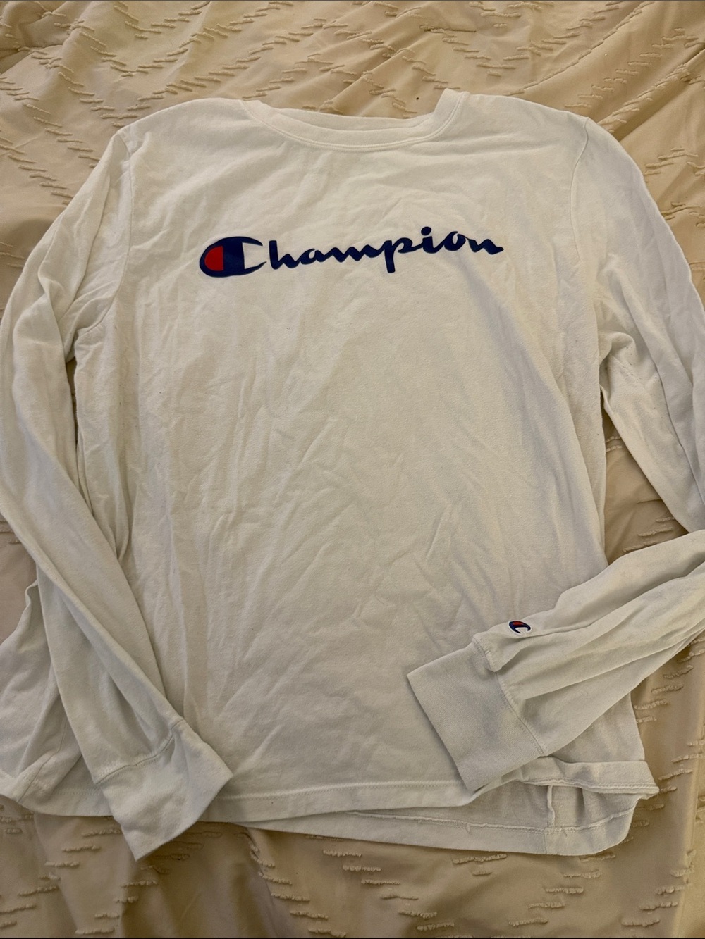 Champion White Long Sleeve Tee with Navy & Red Logo